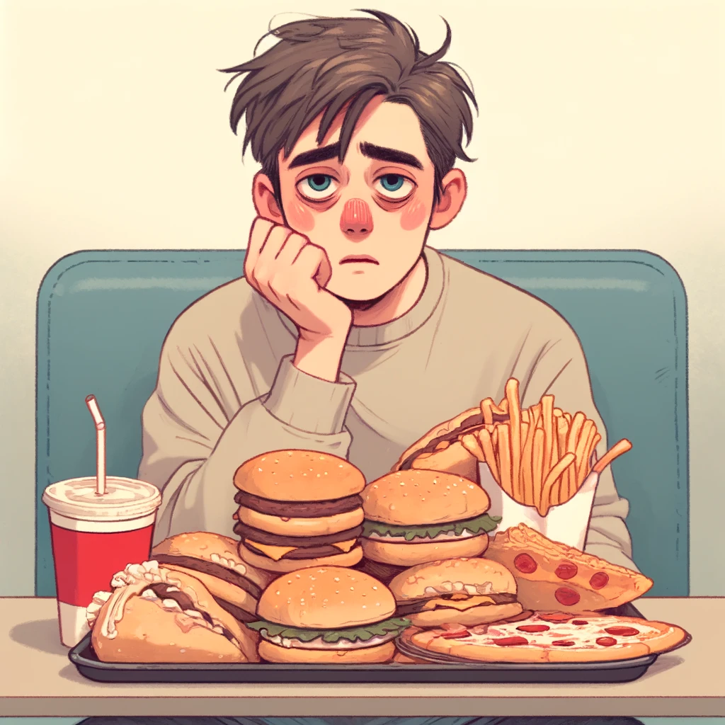 ファストフード店で食べる青年